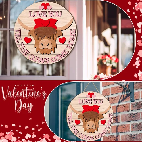 Vista 4 de GlikCeil Decoración de puerta de vaca de las tierras altas del día de San Valentín, letreros de madera de vaca de 11.8 pulgadas, bonita corona