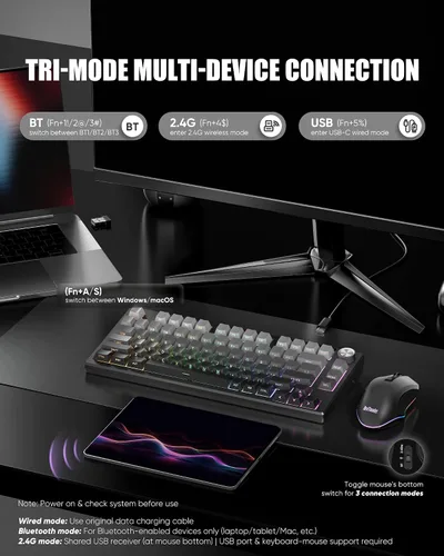 Vista 3 de RedThunder K75 Combo de teclado y mouse inalámbricos, teclado de membrana grabado lateral del 75%, mouse óptico para juegos con 4800 DPI, 3 modos