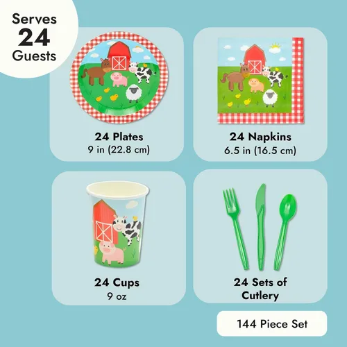 Vista 4 de Juvale Farm - Decoraciones para fiestas temáticas – Juego de 144 piezas, sirve 24, platos de 9 pulgadas y tazas de 9 onzas, diseño de animales a