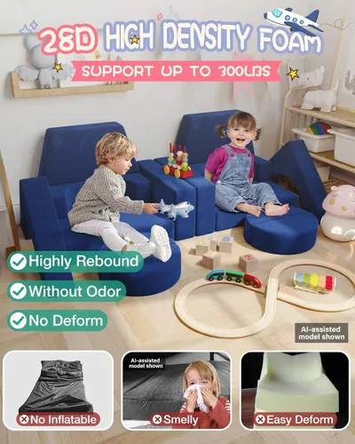 Vista 3 de 15 piezas Sofá de juego modular para niños, Sofá para niños pequeños y niños, sofás para niños pequeños, Kit de construcción de fortalezas con sofás