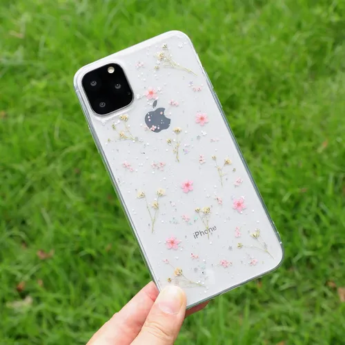Vista 2 de Compatible con iPhone 15 Pro Max Flower Case, funda de goma suave y flexible prensada seca con flores reales para niñas, funda transparente