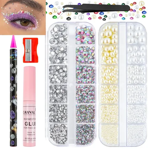 Vista 14 de Canvalite 18000 piezas de diamantes de imitación para la cara, gemas multicolores para ojos, cabello y uñas con pegamento de maquillaje de secado