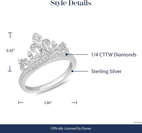 Vista 4 de Jewelili Enchanted Disney Fine Jewelry - Anillo de plata de ley de 1/4 Cttw Princess Disney Crown Ring