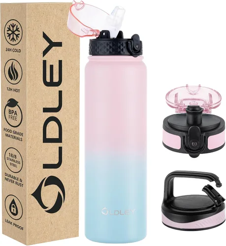 Vista 8 de Botella de agua aislada Oldley de 12 oz con pajita, botella de agua de acero inoxidable con 2 tapas, botellas de doble pared con vacío para adultos