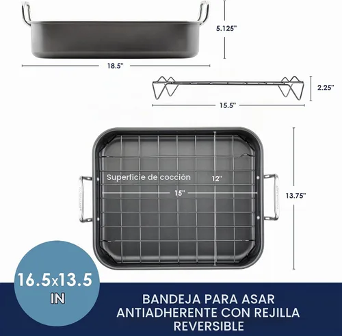 Vista 6 de Rachael Ray Bakeware Asador/Bandeja para Asar Antiadherente con Rejilla Reversible, 16.5 Pulgadas x 13.5 Pulgadas, Gris