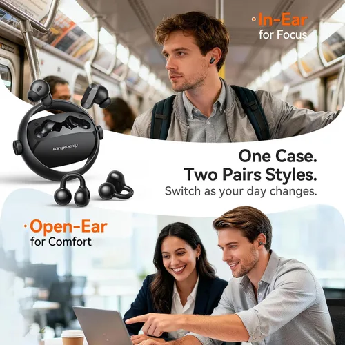 Vista 2 de Kinglucky Auriculares inalámbricos 2 en 1, auriculares intrauditivos y abiertos con clip, ajuste cómodo, auriculares Bluetooth 5.4 con micrófono