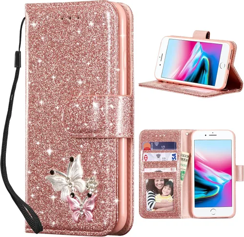 Vista 24 de UEEBAI Funda tipo cartera para iPhone 11, funda de piel sintética con purpurina para teléfono, ranuras para tarjetas, funda con función atril Negro