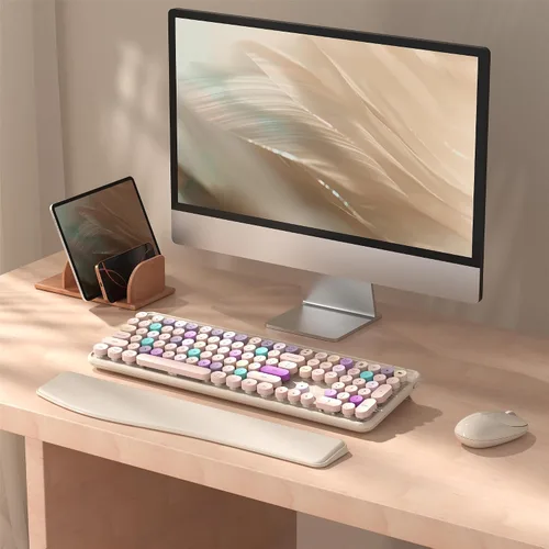 Vista 2 de Combo de teclado y mouse inalámbricos con soporte para teléfono (caqui) MPTOG Colorful Typewriter Keys with Wrist Rest, 2.4GHz Wireless