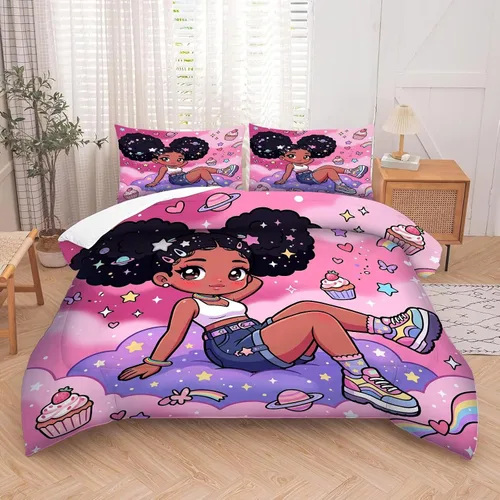 Vista 5 de kxry Lindo juego de edredón de niña negra, juegos de ropa de cama individual de niña afroamericana para niños, bonito edredón de nubes estrelladas