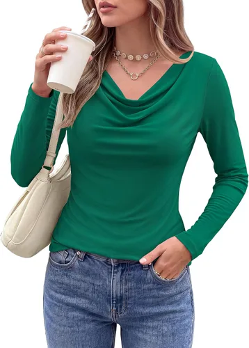 Vista 11 de PRETTYGARDEN Tops de cuello redondo para mujer, camisa de manga larga a la Negro