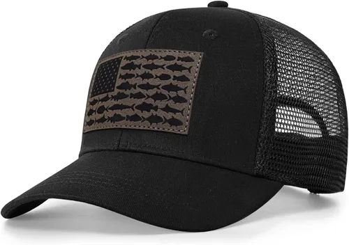 Vista 28 de Sombrero de camionero con bandera de pez estadounidense, regalos de pesca para hombres, sombrero de pesca Snapback perfecto para pesca y uso diario