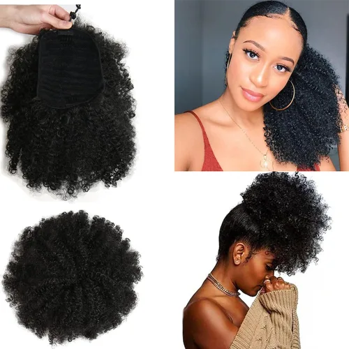 Vista 9 de Extensión de cola de caballo afro rizada encrespada con cordón para mujeres, cola de caballo afro con cordón, rizos encrespados sintéticos, piezas