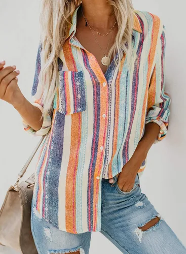 Vista 5 de Astylish - Camisa a rayas para mujer con cuello en V, blusa con mangas enrollables y botones