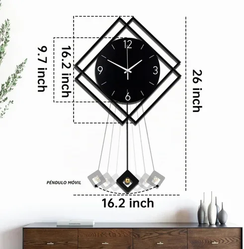 Vista 4 de Reloj de pared con péndulo, silencioso de calidad de cuarzo operado con batería, relojes de pared grandes modernos para decoración de sala de estar