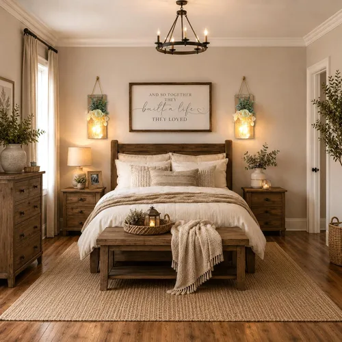 Vista 47 de Decoración rústica de madera para colgar en la pared con tira de luces LED para sala de estar y dormitorio modernos, estilo campestre inspirador