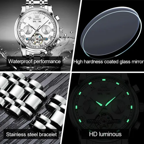 Vista 5 de OLEVS Relojes automáticos de cuerda automática para hombre, fecha y día, calendario, relojes de acero inoxidable, movimiento esquelético