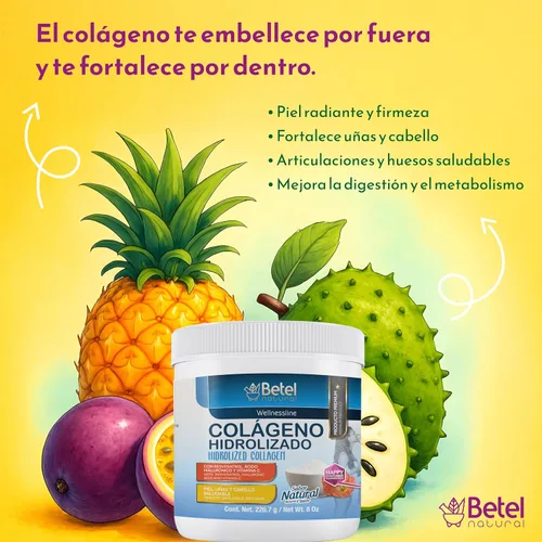 Vista 3 de Betel Natural Colágeno Hidrolizado en Polvo con Ácido Hialurónico, Resveratrol y Vitamina C – 8 oz Sabor Natural Apoyo para Piel, Cabello y Uñas