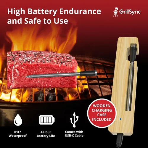 Vista 4 de Termómetro inalámbrico de carne con sincronización para parrilla, ahumar, cocinar con Bluetooth con sonda de sensor dual, control inteligente