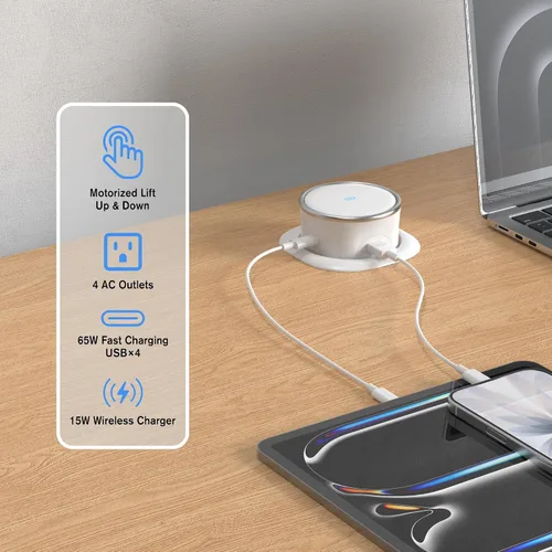 Vista 2 de ANNQUAN 3.15 "Motorizado Pop Up Outlet 65W USB 15W Cargador Inalámbrico Blanco