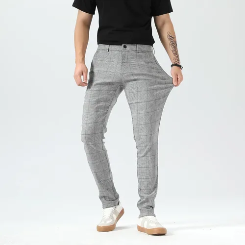 Vista 5 de Plaid&Plain Pantalones a cuadros para hombre, pantalones de vestir ajustados para hombre, pantalones chinos ajustados para hombre