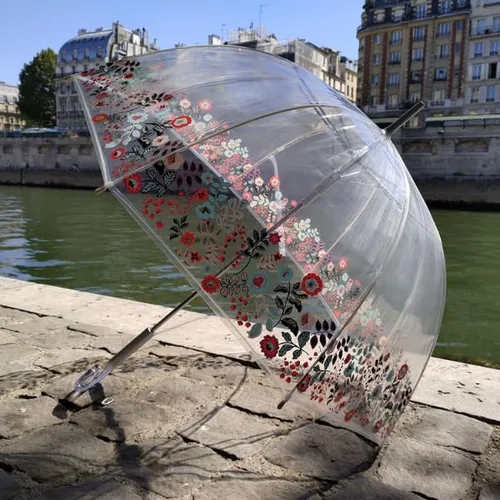 Vista 4 de SMATI París - Paraguas transparente de señora decorado con flores de encaje multicolor borde– Transparente; A prueba de viento; Apertura automática