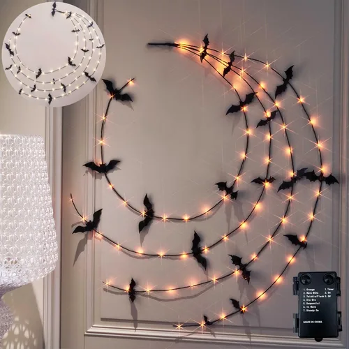 Vista 7 de LITBLOOM Guirnalda de Halloween con luces de 6 pies, 80 luces de hadas naranjas y blancas cálidas, guirnalda negra iluminada, funciona