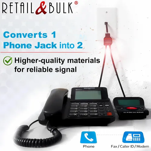 Vista 2 de Divisor de conector de teléfono para teléfono fijo RJ11 6P4C adaptador de 2 vías (1 divisor + cable de 2.5 pulgadas)