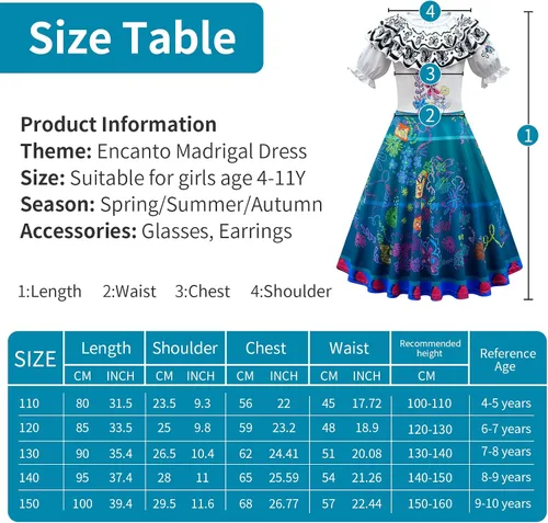 Vista 2 de FreeDouble Encanto Mirabel Costume Outfit Halloween Cosplay Dress Up For Kids Girls With Bag Glasses Earrings