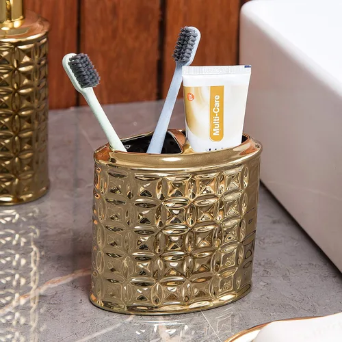 Vista 4 de Juego de accesorios de baño dorados, 4 piezas de cerámica para decoración de baño, incluye dispensador de loción, soporte para cepillos de dientes