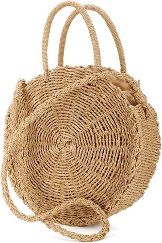 Vista 6 de Bolso cruzado de paja para mujer, con asa superior de verano, redondo, tejido a la moda