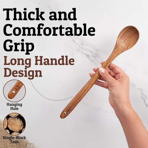 Vista 3 de PriorityChef - Cuchara larga de madera para cocinar, cuchara de cocina grande de teca duradera para servir, revolver y uso diario, segura