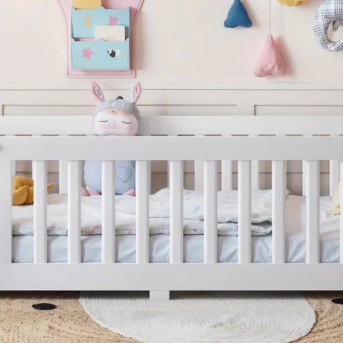 Vista 5 de Harper & Bright Designs - Cama de suelo para niños de tamaño individual con valla y puerta, marco de cama Montessori de madera maciza, cama