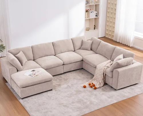 Vista 10 de Sofás modulares de nube seccionales para sala de estar, sofá modular grande con otomana, sofá de 3 plazas en forma de L con almohada, color beige