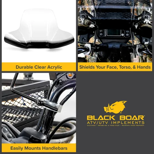 Vista 2 de Black Boar Parabrisas ATV con herrajes – Cuenta con diseño envolvente que protege las manos – Hecho de acrílico transparente resistente – Se monta
