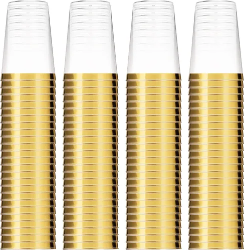 Vista 8 de Munfix 100 vasos de plástico dorados de 14 onzas, vasos transparentes con borde dorado, elegantes vasos desechables para boda, fiesta, con borde