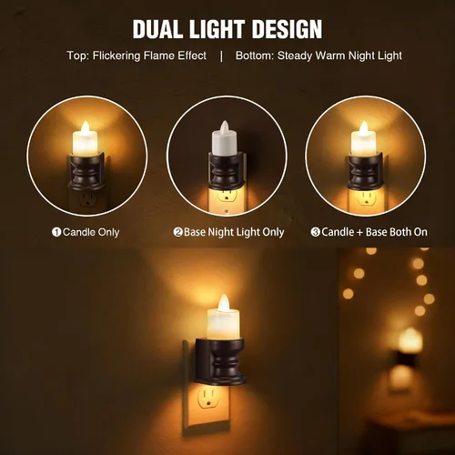 Vista 3 de Meonum - Luz nocturna de vela sin llama parpadeante enchufable, luz nocturna LED regulable con sensor de atardecer a amanecer, luz decorativa