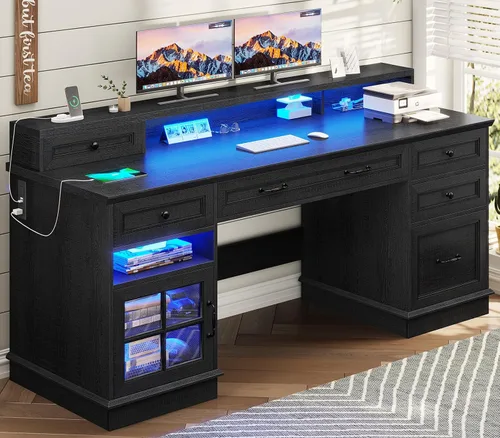 Vista 10 de BTHFST Escritorio ejecutivo estilo granja con cajón para archivos, escritorio para computadora con estación de carga y luces LED, escritorio de Gris