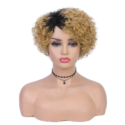 Vista 2 de Quantum Love Pelucas de cabello humano para mujeres negras, peluca de cabello humano corto y rizado con raya lateral, corte Pixie, cabello humano