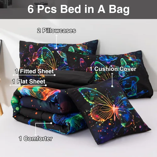 Vista 6 de A Nice Night Juego de ropa de cama con diseño de galaxia, estampado de mariposas 3D volando en el espacio, como mariposas con purpurina, juego