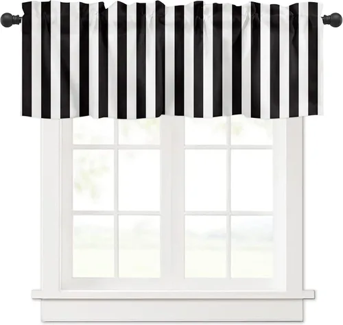 Vista 9 de Cortinas de cenefa con amarre para ventanas, cenefa corta, cortinas de ventana pequeña, baño, sala de estar y cocina, rayas blancas y negras de 60 x