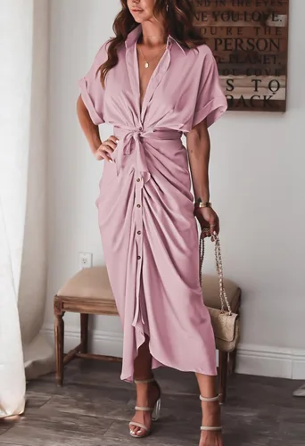 Vista 3 de Linsery - Vestido largo camisero de manga corta con botones y cinturón para mujer elegante de satén