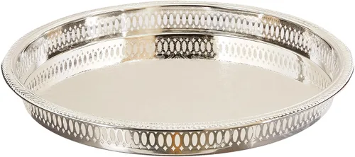 Vista 3 de Elegance Bandeja redonda de metal para servir/bar, 12.75 pulgadas, niquelado con relieve decorativo, sirve champán, whisky y bebidas, bebida en tono