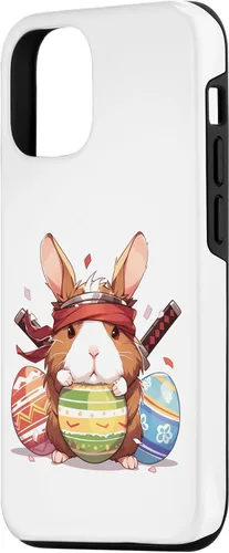 Vista 2 de iPhone 15 Colorful Easter Eggs Hunt Ninja Guinea Pig With Bunny Ears Case