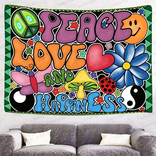 Vista 6 de F-FUN SOUL Tapiz de paz amor y felicidad, tapices geniales, 40 x 30 pulgadas, tapices temáticos de los años 70, tapiz estético hippie para colgar