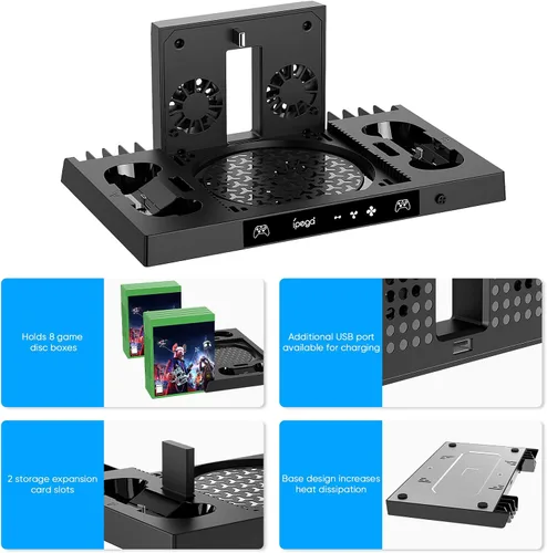 Vista 6 de Upgraded Vertical Cooling Stand for Xbox Series X with Controller Charger Station Dock, Dual Suction Cooler Fan System Stand Accessories with 8 Game