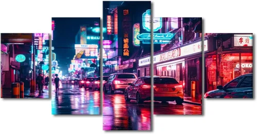 Vista 52 de Póster de 5 paneles en lienzo para decoración de pared, diseño de centro urbano Cyberpunk, impresión moderna, decoración de pared para el hogar