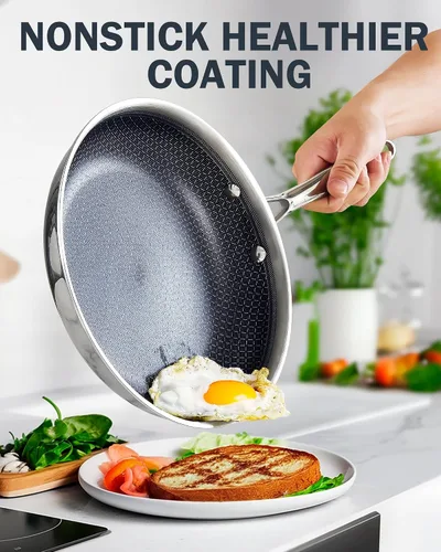 Vista 6 de Cooks Standard Sartén antiadherente híbrida de 8 pulgadas con revestimiento de varias capas, sartén de acero inoxidable con tapas de vidrio