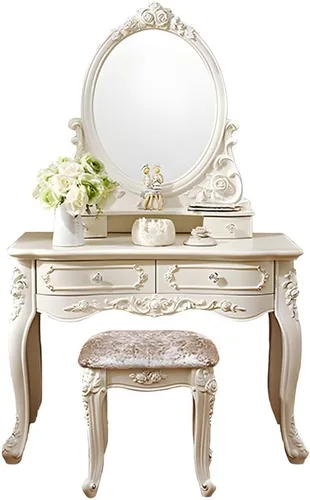 Vista 9 de Juego de tocador con taburete con espejo, estilo victoriano, estilo victoriano, estándar, moderno, escritorio de madera, 4 cajones, mesa de tocador