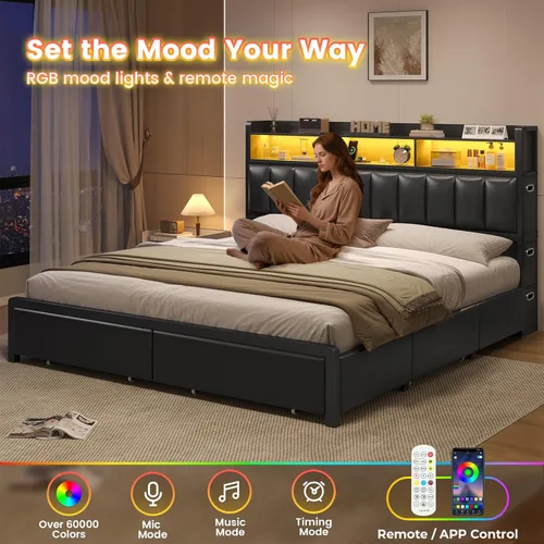 Vista 6 de ADORNEVE Base de cama tamaño King con 10 cajones de almacenamiento y cabecera tipo estantería RGB, cama King tapizada en PU con estación de carga
