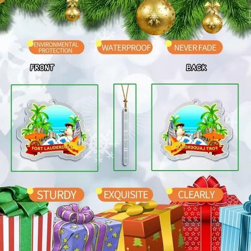 Vista 2 de Fort Lauderdale - Adorno de Navidad de Florida, Estados Unidos, acrílico transparente, decoración de árbol de doble cara, colgante de recuerdo